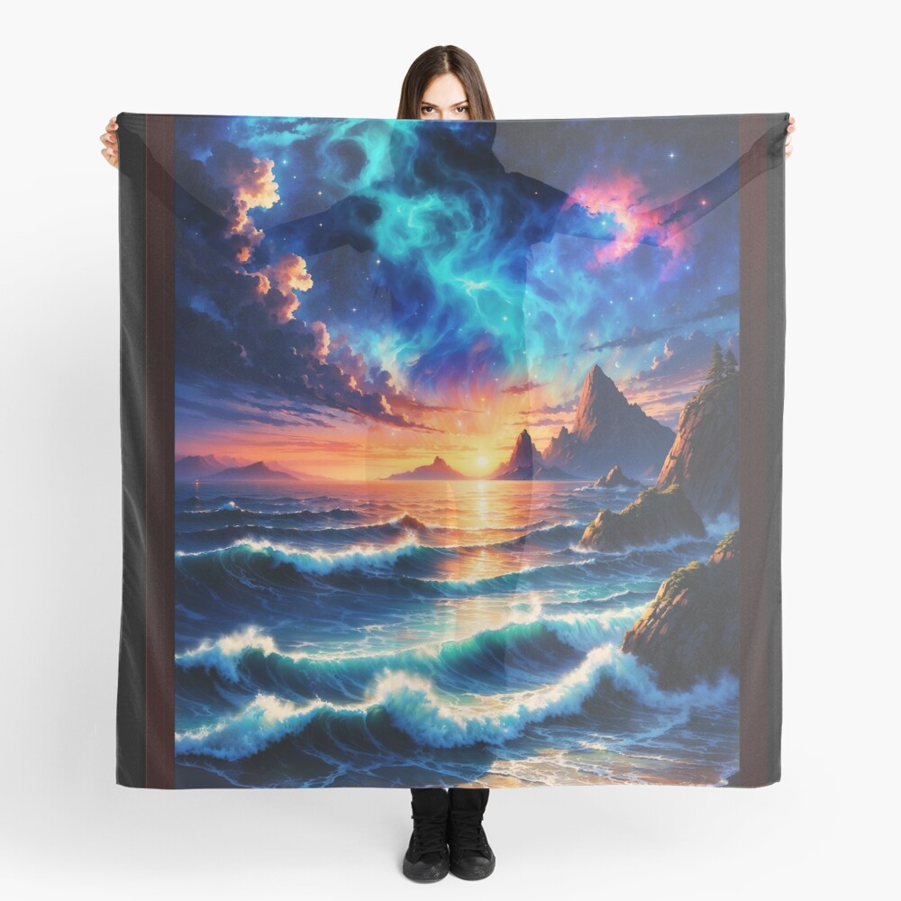 Mesmerizing Ocean Sunset and Aurora Borealis Fantasy Scene AI Concept Art by Xzendor7 Decorative Art Print Ladies Scarf