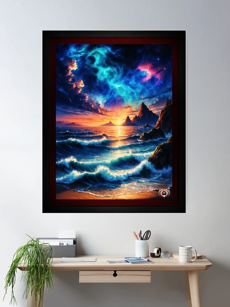 Mesmerizing Ocean Sunset and Aurora Borealis Fantasy Scene AI Concept Art by Xzendor7 Room Decor Poster Art Print