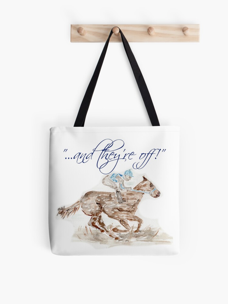 Cotton tote bag, watercolor, store horses, derby, Kentucky, horse race, southern, belmont, jockey