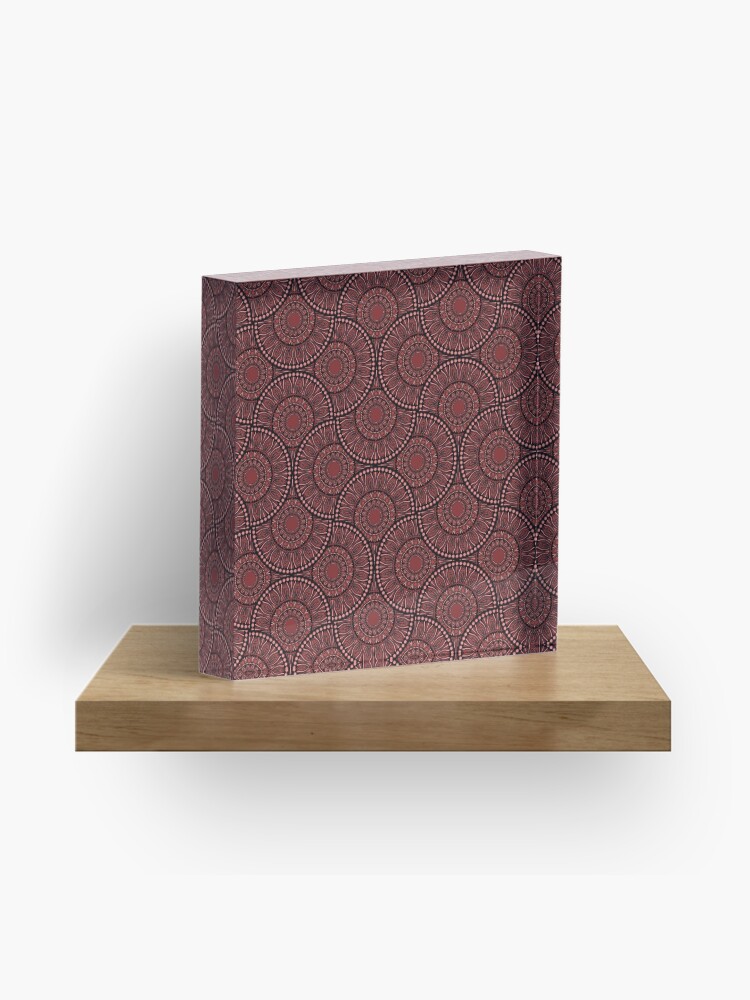 Acrylic Block, Fashion Week Cabernet Coral Whirl Dot Mandala Art Deco Fans designed and sold by Triplicate Limited