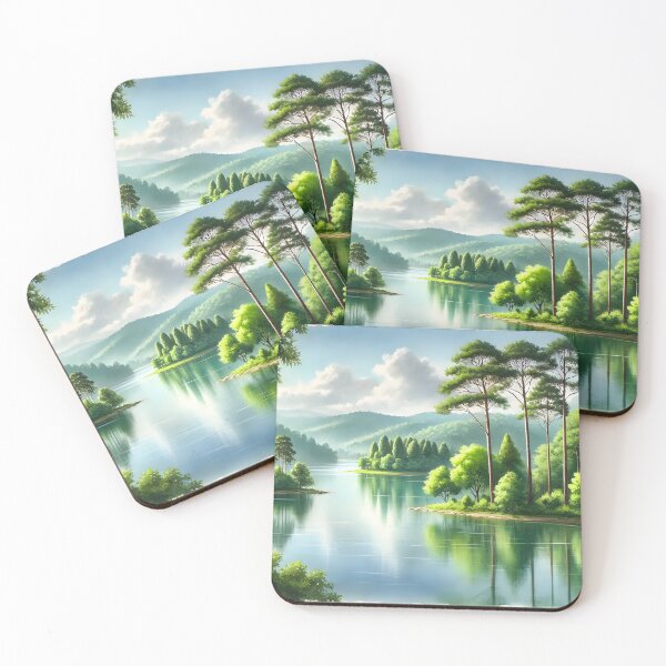 Item preview, Serene Nature Watercolor Painting - Calm Lake and Green Trees designed and sold by ManeeStore.