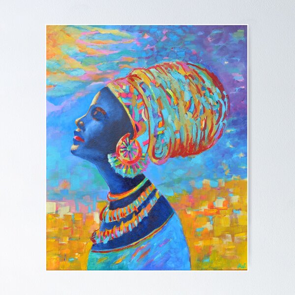 Aperçu de l'œuvre Femme noire Afro Africa African People Bleu Jaune créée et vendue par tanabe.