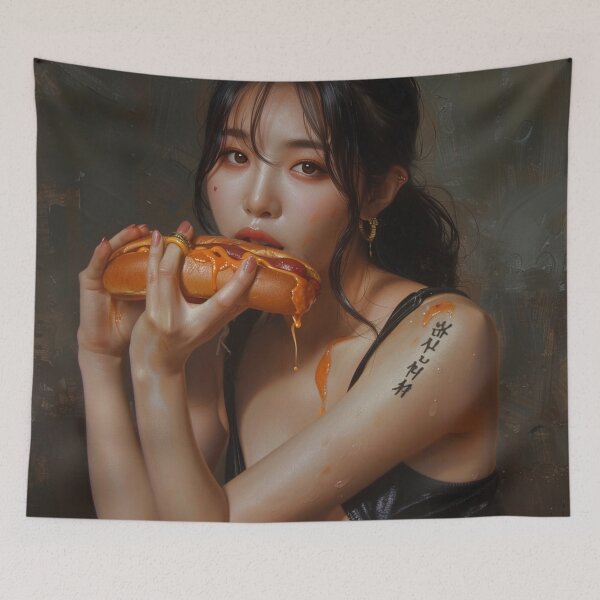 Item preview, A wonman eating a hot dog with a sexy expression. designed and sold by HANGLEMAN.