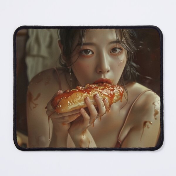 Item preview, A wonman eating a hot dog with a sexy expression. designed and sold by HANGLEMAN.