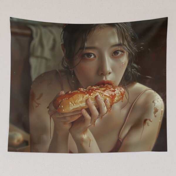 Item preview, A wonman eating a hot dog with a sexy expression. designed and sold by HANGLEMAN.