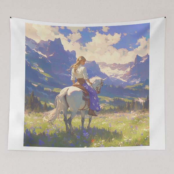 Item preview, Cowgirl Riding Horse in Meadow with Mountains designed and sold by Christian Weiss.