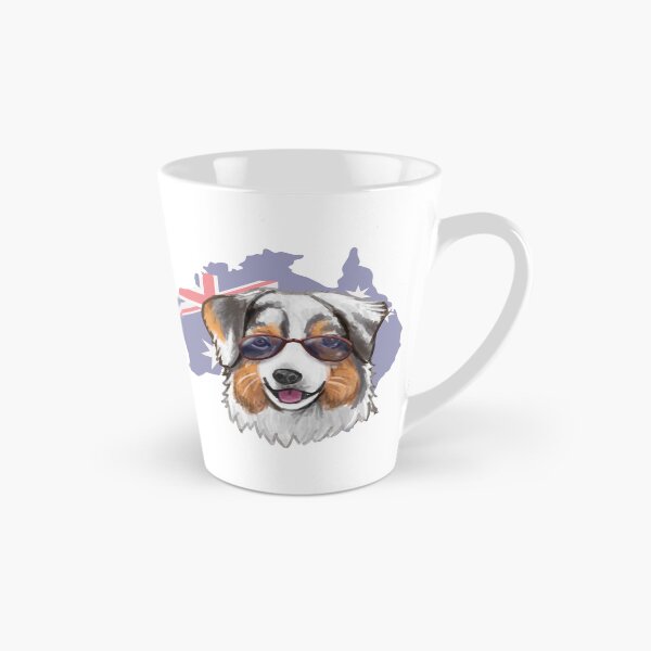 Aperçu de l'œuvre Visage de dessin animé d'un chien de berger australien portant des lunettes de soleil sur une carte de l'Australie créée et vendue par CreateForDogs.