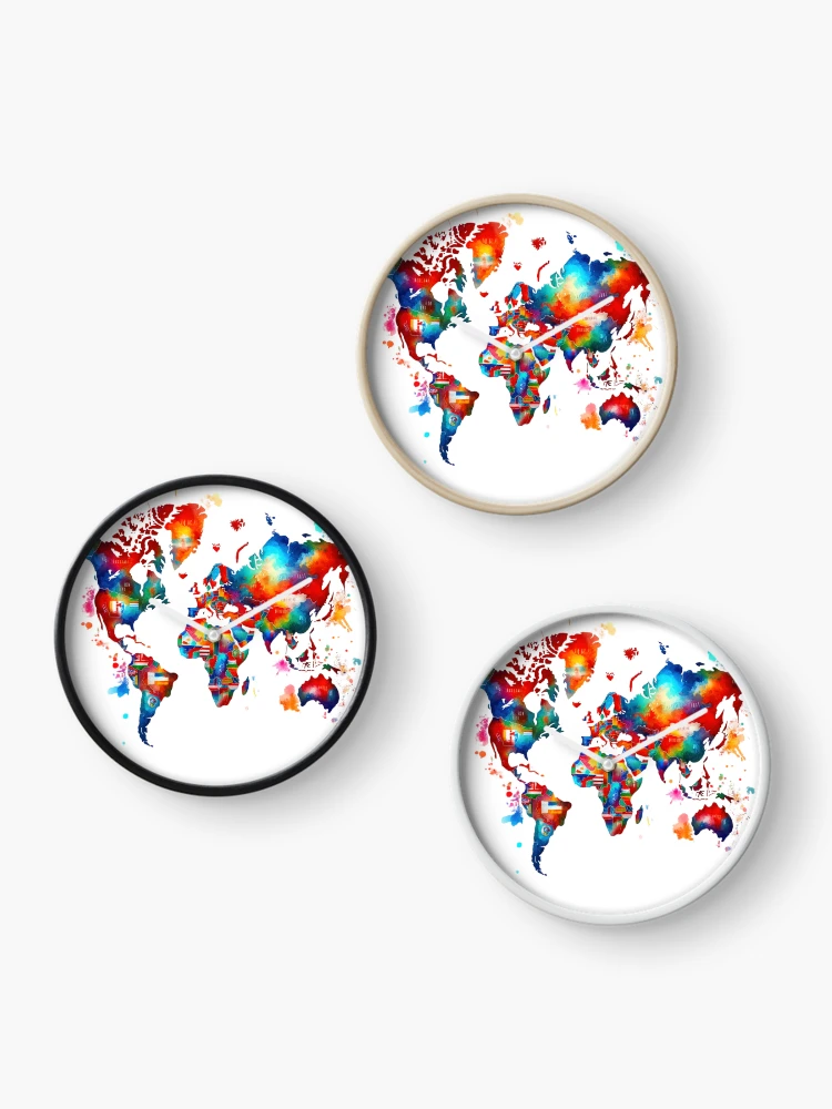 Thumbnail 3 of 4, Clock, Colorful World Map designed and sold by InsanseCreation.