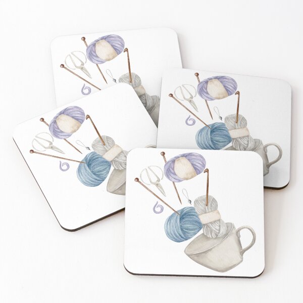 Item preview, composition of cup and three balls of yarn with single pointed needles, crochet, stitch markers and scissors. Watercolor illustration designed and sold by TanyaKremen.