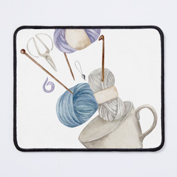 Item preview, composition of cup and three balls of yarn with single pointed needles, crochet, stitch markers and scissors. Watercolor illustration designed and sold by TanyaKremen.