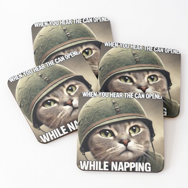 Item preview, War Cat Meme - When you hear the can opener while napping designed and sold by CatmemesArt.