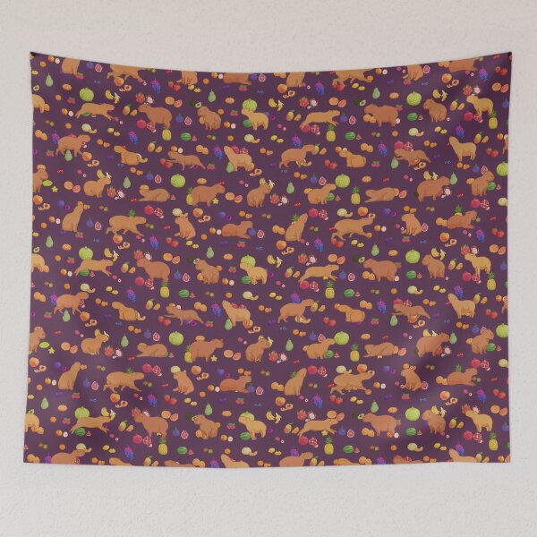 Item preview, Cuddly capybara with colorful fruit repeating background - Dark Purple designed and sold by Maysoulrose.