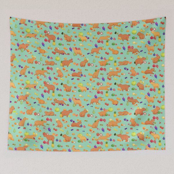Item preview, Cuddly capybara with colorful fruit repeating background - mint green designed and sold by Maysoulrose.