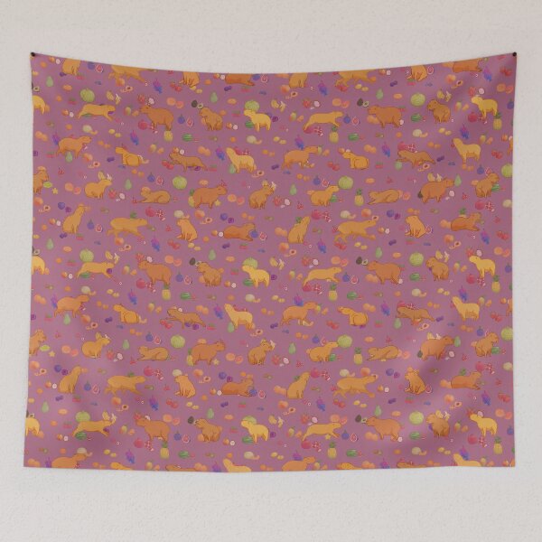 Item preview, Cuddly capybara with colorful fruit repeating background - Dusty Rose designed and sold by Maysoulrose.