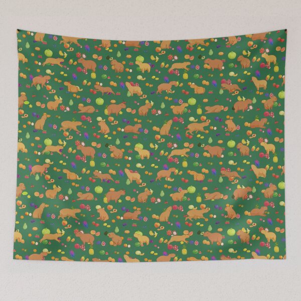 Item preview, Cuddly capybara with colorful fruit repeating background - Forest Green designed and sold by Maysoulrose.