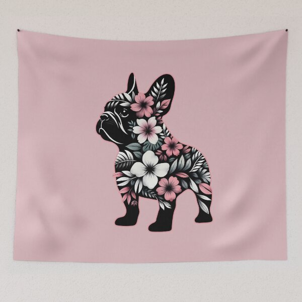 Item preview, French bulldog silhouette and pink tropical flowers, French bulldog lovers, gift for French bulldog  lovers designed and sold by Collagedream.