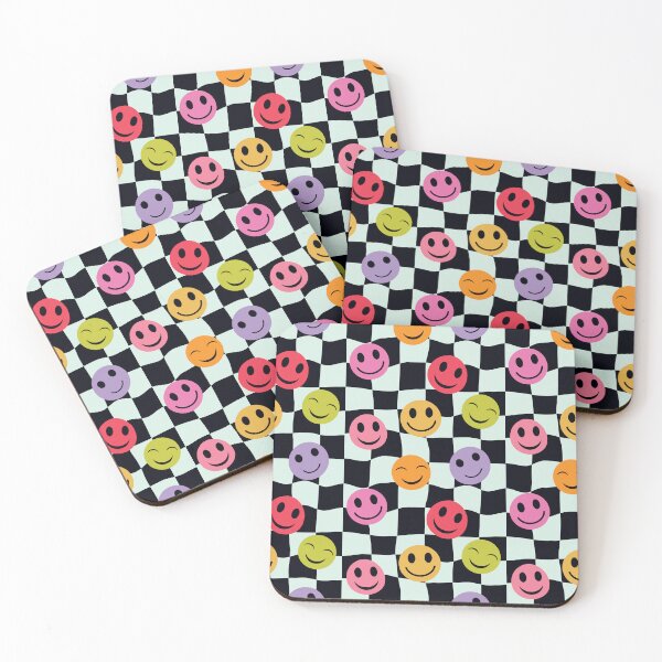Item preview, Colorful Smiley Faces on Black and White  warped checkerboards designed and sold by Yasminepatterns .