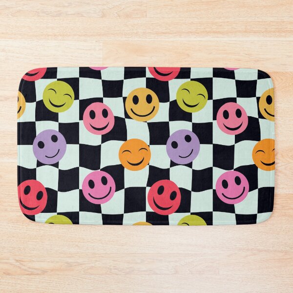Item preview, Colorful Smiley Faces on Black and White  warped checkerboards designed and sold by Yasminepatterns .