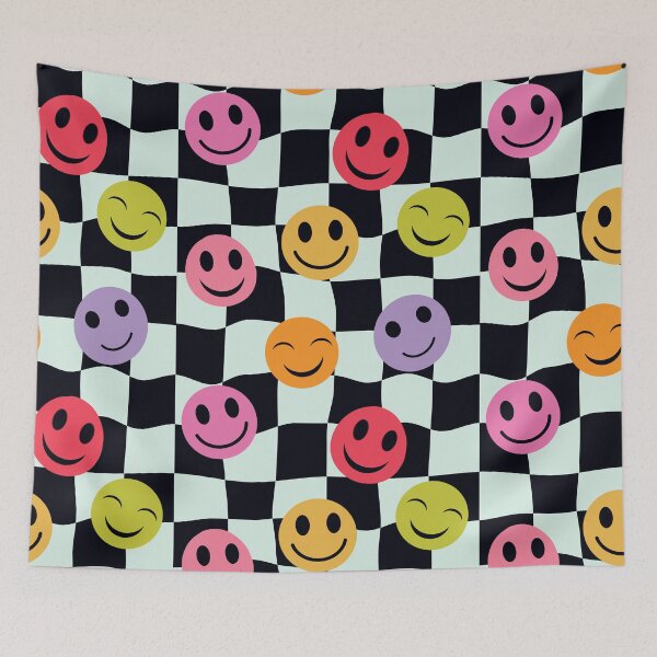 Item preview, Colorful Smiley Faces on Black and White  warped checkerboards designed and sold by Yasminepatterns .