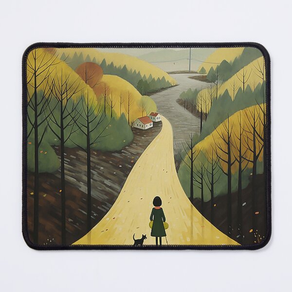 Item preview, Girl and Black Cat Walking Down a Road in Atmospheric Woodland designed and sold by PaintbrushPlace.