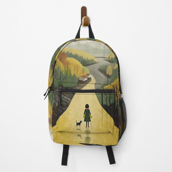 Item preview, Girl and Black Cat Walking Down a Road in Atmospheric Woodland designed and sold by PaintbrushPlace.