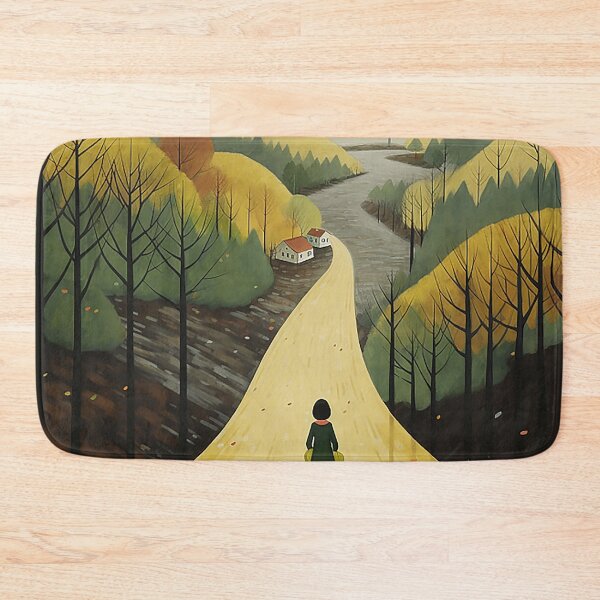 Item preview, Girl and Black Cat Walking Down a Road in Atmospheric Woodland designed and sold by PaintbrushPlace.