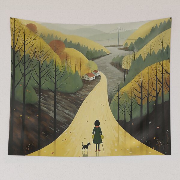 Item preview, Girl and Black Cat Walking Down a Road in Atmospheric Woodland designed and sold by PaintbrushPlace.