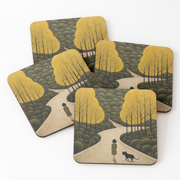 Item preview, Girl and Black Cat in Atmospheric Woodland Naive Art designed and sold by PaintbrushPlace.
