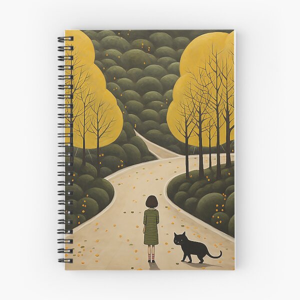 Item preview, Girl and Black Cat in Atmospheric Woodland Naive Art designed and sold by PaintbrushPlace.