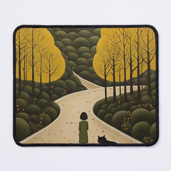 Item preview, Girl and Black Cat in Atmospheric Woodland Naive Art designed and sold by PaintbrushPlace.