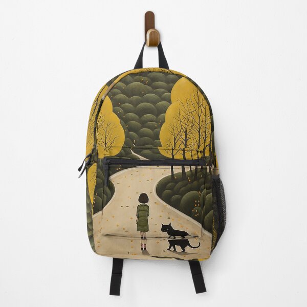 Item preview, Girl and Black Cat in Atmospheric Woodland Naive Art designed and sold by PaintbrushPlace.