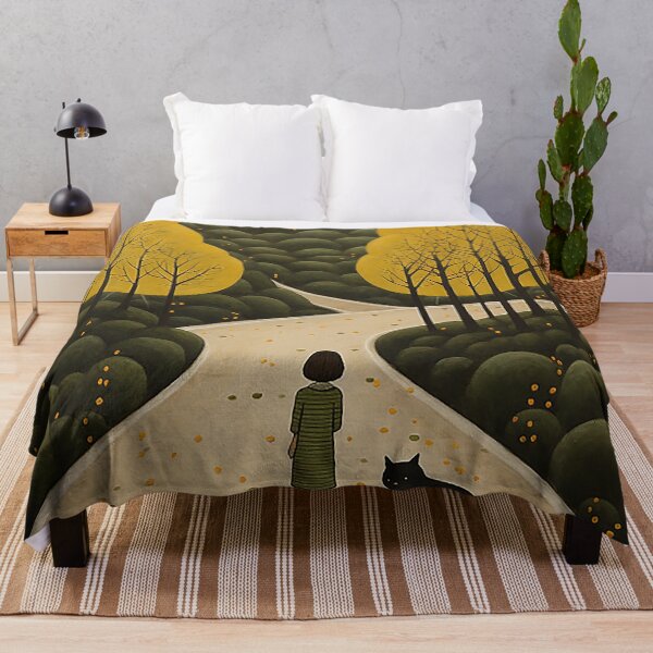 Item preview, Girl and Black Cat in Atmospheric Woodland Naive Art designed and sold by PaintbrushPlace.