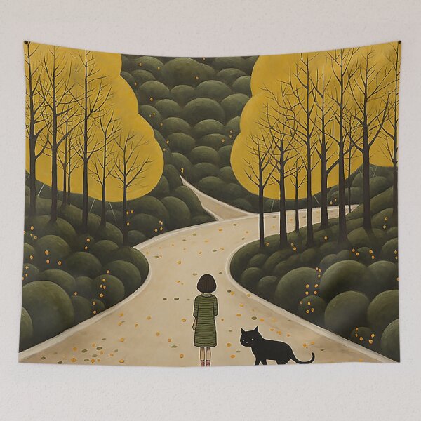 Item preview, Girl and Black Cat in Atmospheric Woodland Naive Art designed and sold by PaintbrushPlace.