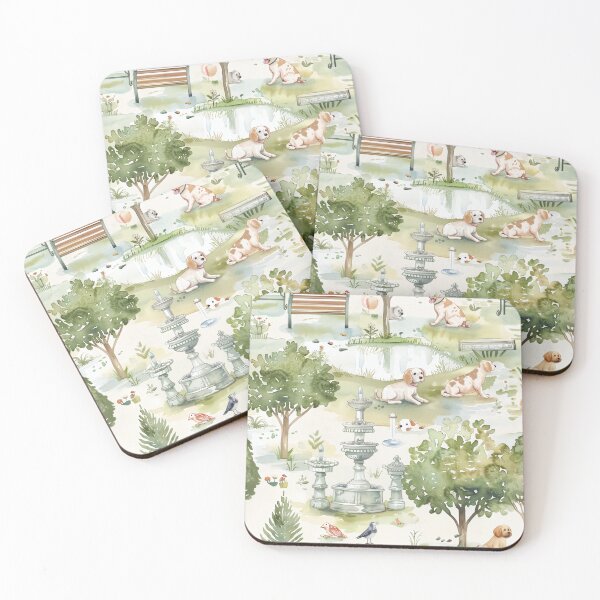 Item preview, Charming watercolor pattern featuring dogs in a whimsical park setting designed and sold by DMay-art.