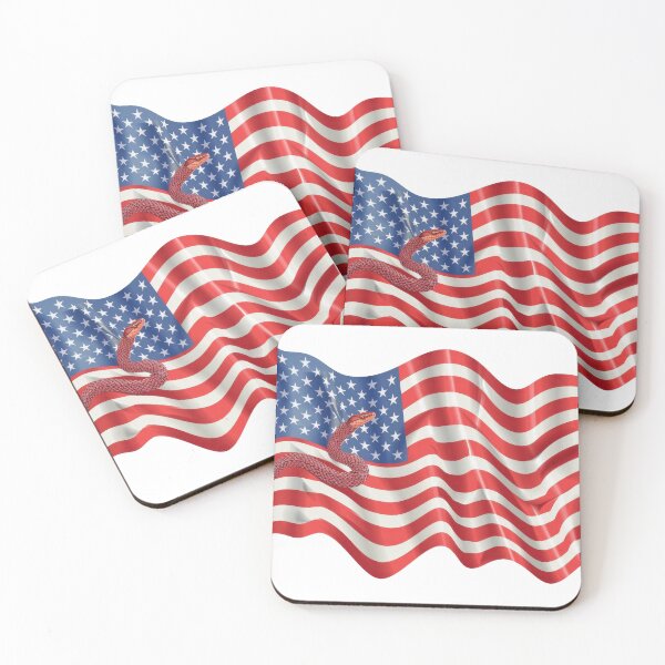 Item preview, A United States flag with a coiled snake, symbolizing vigilance and preparedness, waving in the breeze against a clear sky. designed and sold by kitidach-create.
