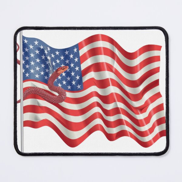 Item preview, A United States flag with a coiled snake, symbolizing vigilance and preparedness, waving in the breeze against a clear sky. designed and sold by kitidach-create.