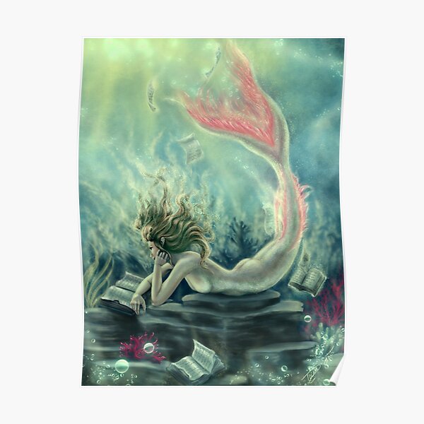 Mermaid Reading Underwater Poster