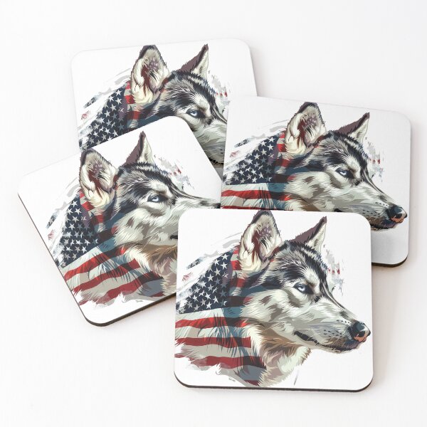 Item preview, Artistic portrait of a wolf with an American flag overlay, symbolizing patriotism and majestic wildlife. Vibrant and detailed illustration. designed and sold by kitidach-create.
