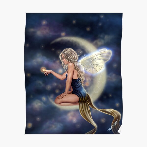 Firefly Moon - Fairy Sitting on Moon Poster