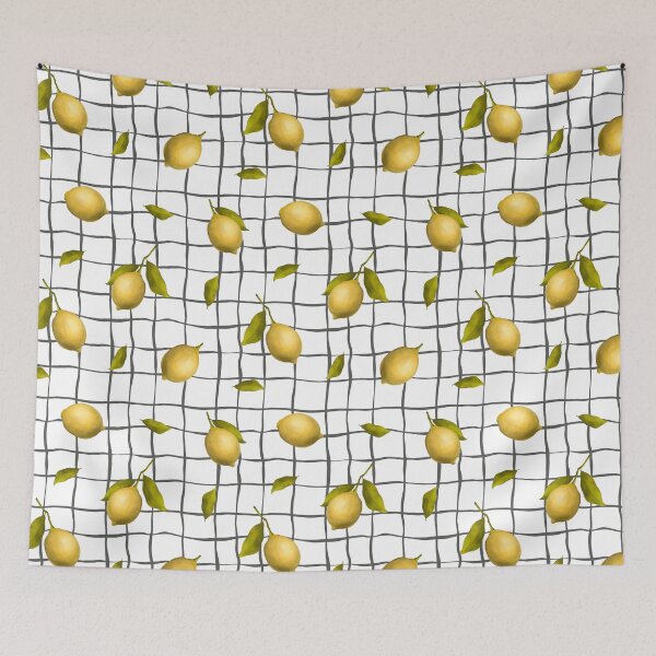 Item preview, Summer Yellow Lemon with bright green leaves and graphic lines background, hand draw seamless pattern designed and sold by GorXena.