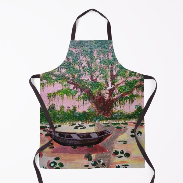 Item preview, lonely boat, painting, acrylic, art, lake, tree, water lilies designed and sold by DonnaBlankaArt.