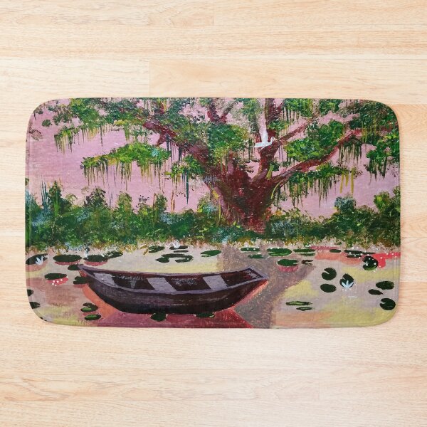 Item preview, lonely boat, painting, acrylic, art, lake, tree, water lilies designed and sold by DonnaBlankaArt.