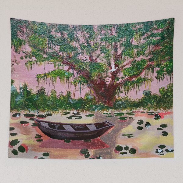 Item preview, lonely boat, painting, acrylic, art, lake, tree, water lilies designed and sold by DonnaBlankaArt.
