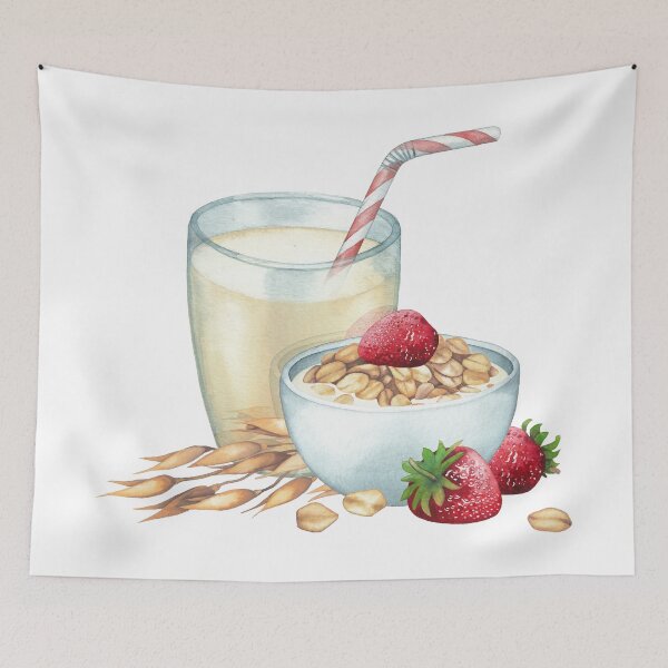 Item preview, Watercolor glass of the plant based milk and a  bowl of oats designed and sold by Ekaterina Glazkova.