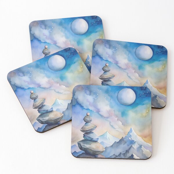 Item preview, Mountain, Moon, and Balancing Stones Watercolor Art designed and sold by niteshRart.