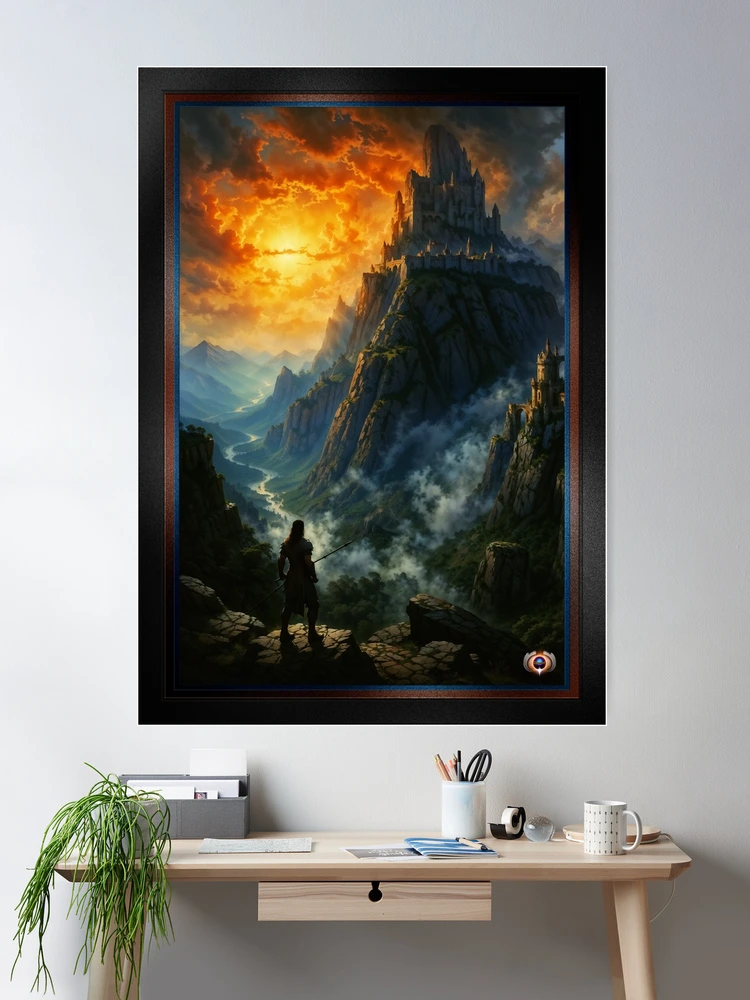 A Warriors Epic Return To A Majestic Mountain Castle At Sunset AI Concept Art by Xzendor7 2 A Warrior's Epic Return To A Majestic Mountain Castle At Sunset Enchanted AI Concept Art by Xzendor7 Room Decor Poster Art Print