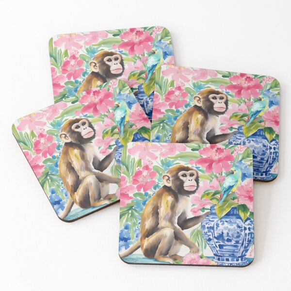 Item preview, Chinoiserie Monkey and Parrot watercolor designed and sold by SophieClimaArt.