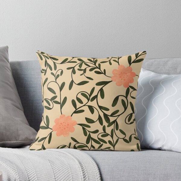 Item preview, Woodland botanical trailing floral with bright peach flowers and green leaves on a light peach background designed and sold by JasmineGDesigns.