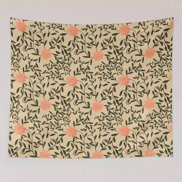 Item preview, Woodland botanical trailing floral with bright peach flowers and green leaves on a light peach background designed and sold by JasmineGDesigns.