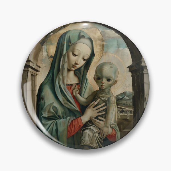 Item preview, Mary and the Alien Baby Jesus Irreverent Religious Blasphemous Christian Heretical Biblical Apparel Design designed and sold by Axolotl Apparel.
